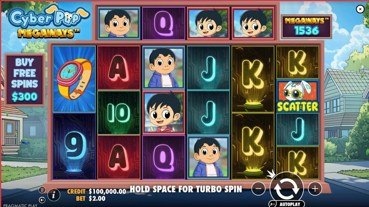 Tampilan layar permainan slot Cyber Pup Megaways dengan tema futuristik