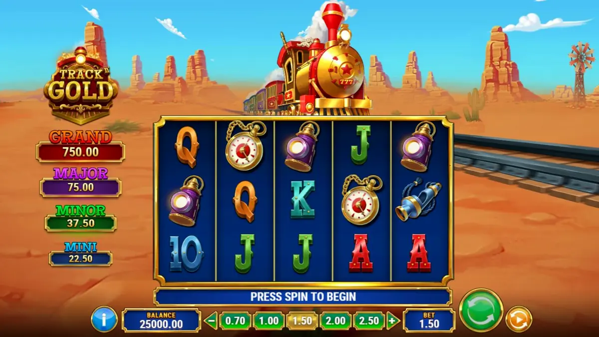 Tampilan visual slot Track’n Gold dengan tema kereta api uap dan latar belakang gurun Amerika.