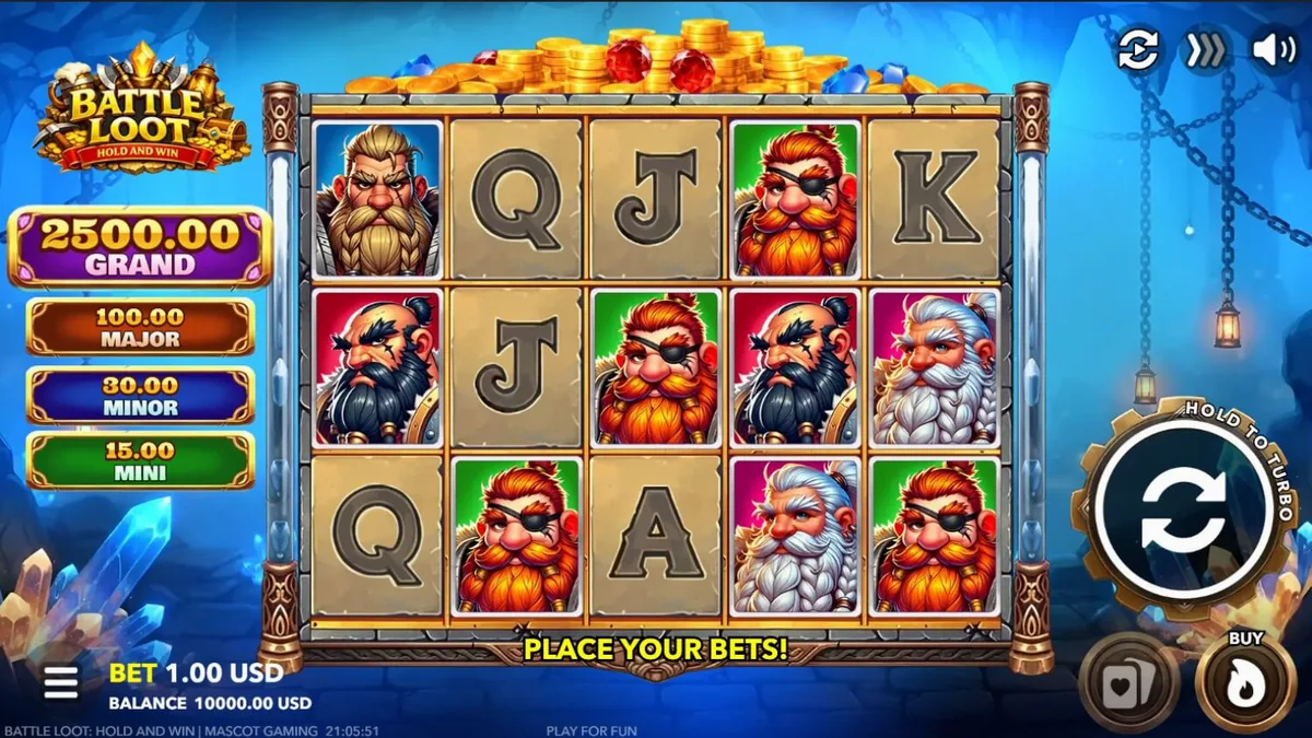 Tampilan visual slot Battle Loot dengan tema kurcaci dan harta karun